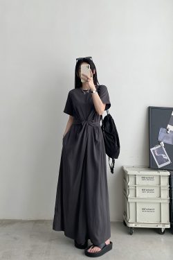 Sun Grapefruit Niche Design Cross-Tie Waist Slimming Long Dress with Short Sleeves - Elegant Summer Fashion