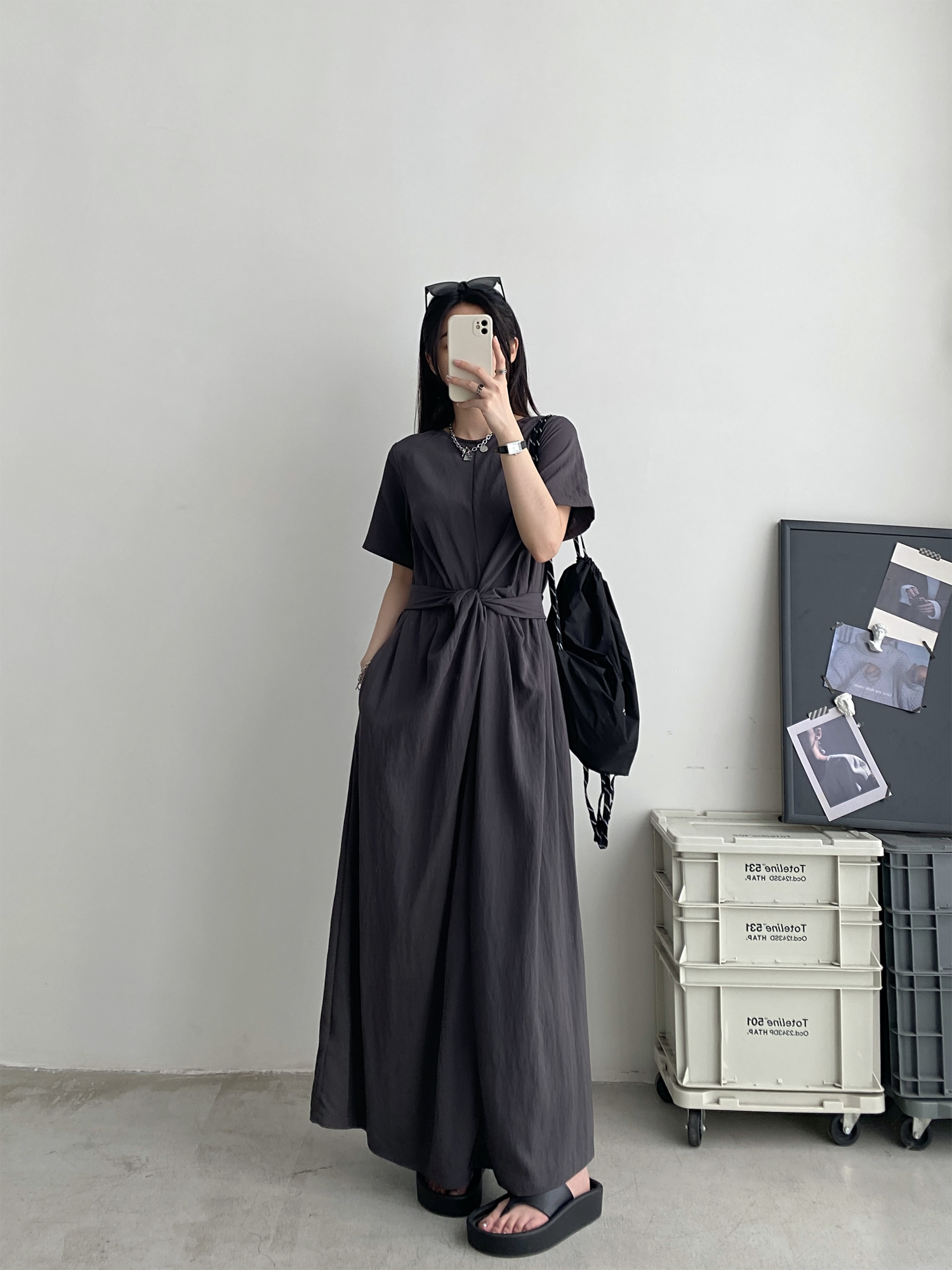 Sun Grapefruit Niche Design Cross-Tie Waist Slimming Long Dress with Short Sleeves - Elegant Summer Fashion Sun Grapefruit Niche Design Cross-Tie Waist Slimming Long Dress with Short Sleeves - Elegant Summer Fashion