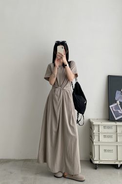 Sun Grapefruit Niche Design Cross-Tie Waist Slimming Long Dress with Short Sleeves - Elegant Summer Fashion