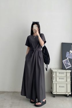 Sun Grapefruit Niche Design Cross-Tie Waist Slimming Long Dress with Short Sleeves - Elegant Summer Fashion