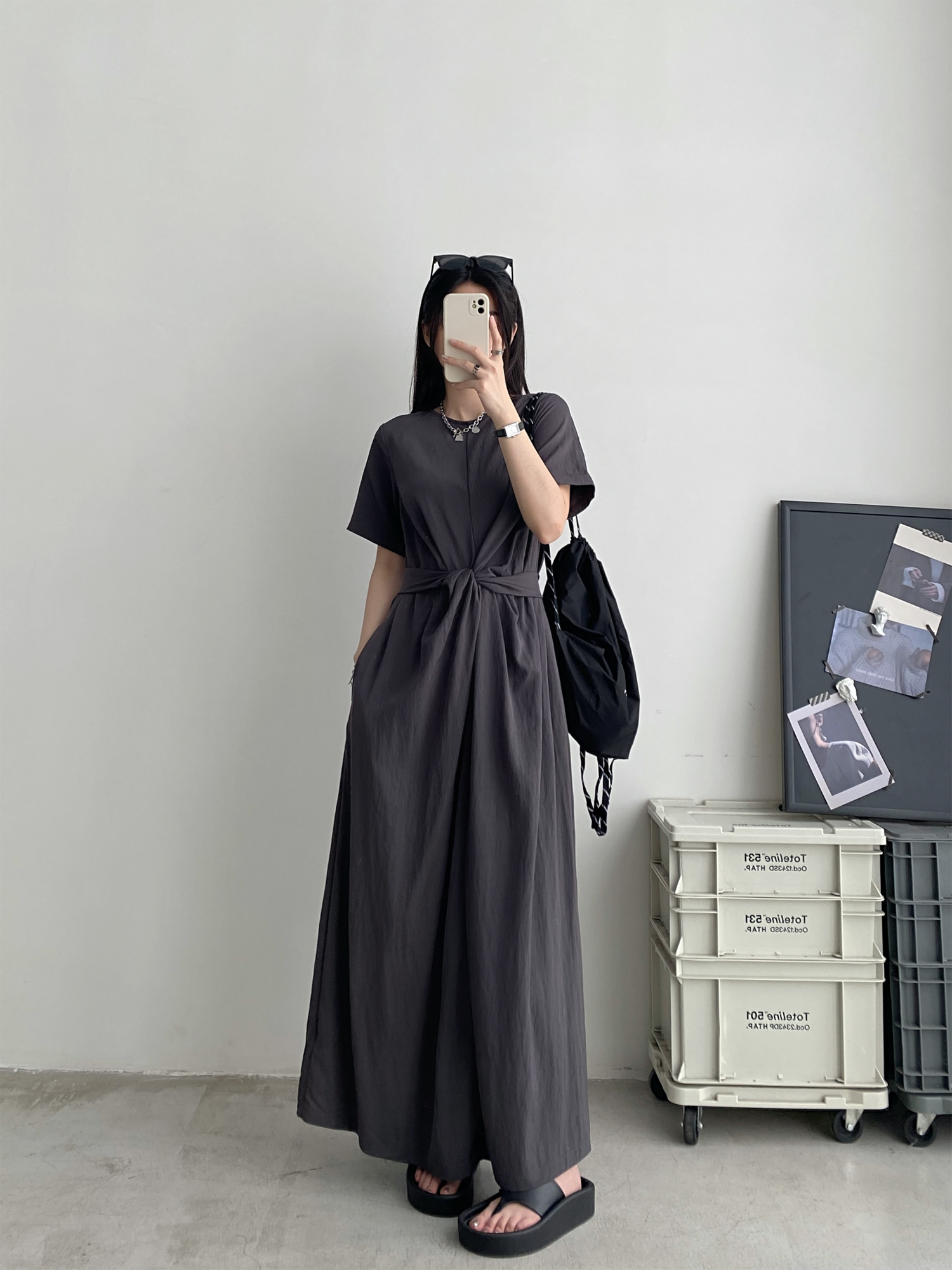 Sun Grapefruit Niche Design Cross-Tie Waist Slimming Long Dress with Short Sleeves - Elegant Summer Fashion Sun Grapefruit Niche Design Cross-Tie Waist Slimming Long Dress with Short Sleeves - Elegant Summer Fashion