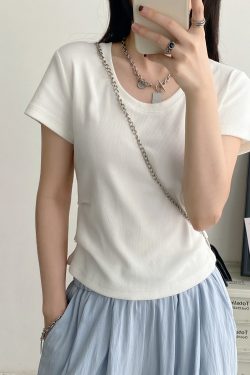 Sun Grapefruit Oversized Pleated Short-Sleeve T-Shirt for Women - Summer Fitted U-Neck White Top in Trendy Korean Style