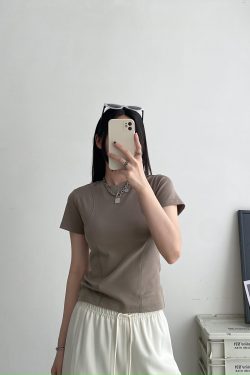 Sun Grapefruit Short-Sleeve T-Shirt for Women - Round Neck Slim-Fit Summer Top, Trendy Niche Shoulder Style