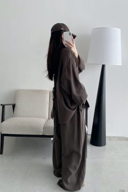 Sun Grapefruit Two-Piece Set - Ramie Tencel Loose Split Shirt & Wide-Leg Drawstring Pants - Relaxed Summer Outfit