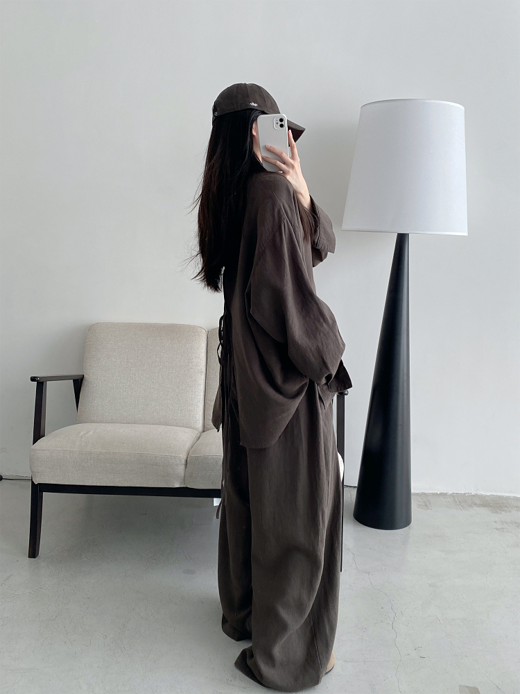 Sun Grapefruit Two-Piece Set - Ramie Tencel Loose Split Shirt & Wide-Leg Drawstring Pants - Relaxed Summer Outfit Sun Grapefruit Two-Piece Set - Ramie Tencel Loose Split Shirt & Wide-Leg Drawstring Pants - Relaxed Summer Outfit