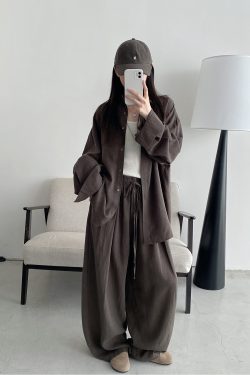 Sun Grapefruit Two-Piece Set - Ramie Tencel Loose Split Shirt & Wide-Leg Drawstring Pants - Relaxed Summer Outfit