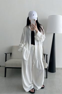 Sun Grapefruit Two-Piece Set - Ramie Tencel Loose Split Shirt & Wide-Leg Drawstring Pants - Relaxed Summer Outfit