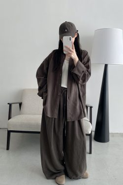 Sun Grapefruit Two-Piece Set - Ramie Tencel Loose Split Shirt & Wide-Leg Drawstring Pants - Relaxed Summer Outfit