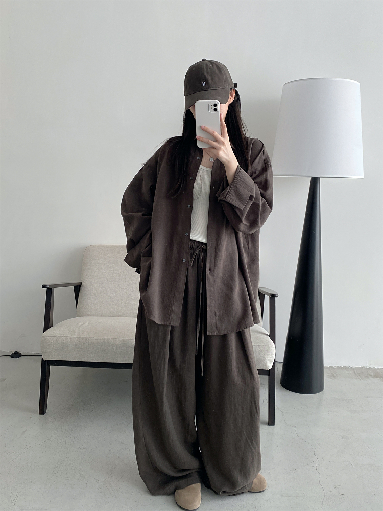 Sun Grapefruit Two-Piece Set - Ramie Tencel Loose Split Shirt & Wide-Leg Drawstring Pants - Relaxed Summer Outfit Sun Grapefruit Two-Piece Set - Ramie Tencel Loose Split Shirt & Wide-Leg Drawstring Pants - Relaxed Summer Outfit