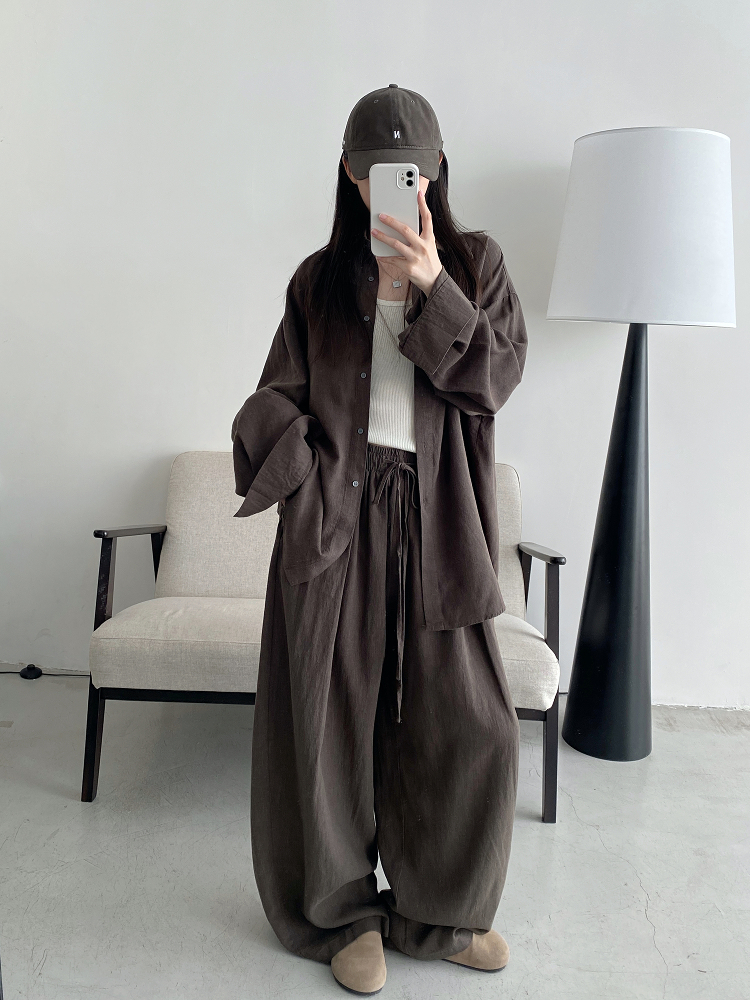 Sun Grapefruit Two-Piece Set - Ramie Tencel Loose Split Shirt & Wide-Leg Drawstring Pants - Relaxed Summer Outfit Sun Grapefruit Two-Piece Set - Ramie Tencel Loose Split Shirt & Wide-Leg Drawstring Pants - Relaxed Summer Outfit