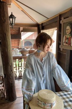 Sunny Brew Daisy Retro Linen Cotton Embroidered Long Sleeve Dress for Women - Spring Loose A-Line Maxi Dress, Vintage Style