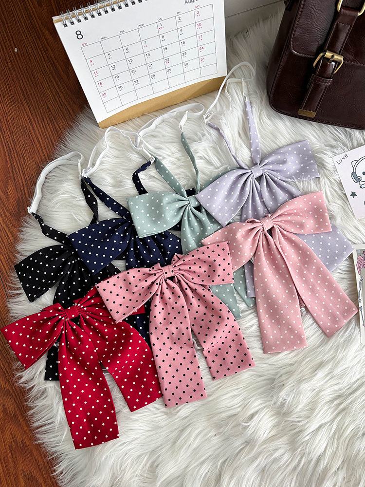 Super Large Polka Dot Bowtie Uniform Accessory - Adjustable Pink Bowknot for Versatile College Style, Cute Pudding Bear Design Super Large Polka Dot Bowtie Uniform Accessory - Adjustable Pink Bowknot for Versatile College Style, Cute Pudding Bear Design