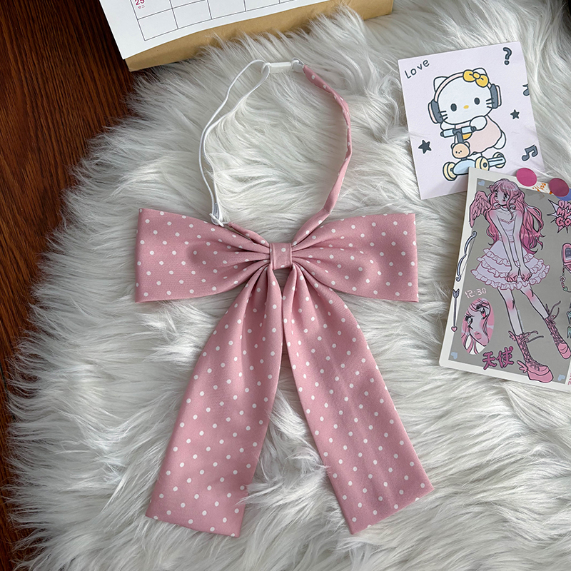 Super Large Polka Dot Bowtie Uniform Accessory - Adjustable Pink Bowknot for Versatile College Style, Cute Pudding Bear Design Super Large Polka Dot Bowtie Uniform Accessory - Adjustable Pink Bowknot for Versatile College Style, Cute Pudding Bear Design