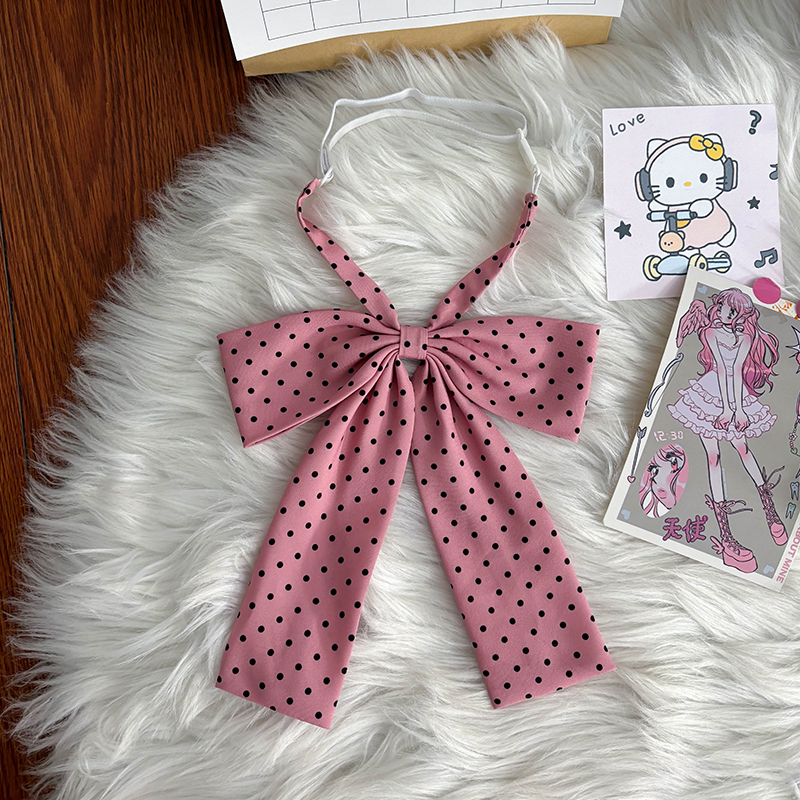 Super Large Polka Dot Bowtie Uniform Accessory - Adjustable Pink Bowknot for Versatile College Style, Cute Pudding Bear Design Super Large Polka Dot Bowtie Uniform Accessory - Adjustable Pink Bowknot for Versatile College Style, Cute Pudding Bear Design