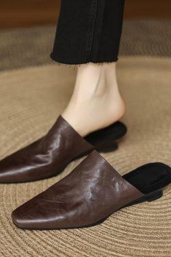 Super Soft Genuine Leather Open-Toe Half Slippers for Women - European & American Ins Fashion, Outdoor Comfort, Casual Style