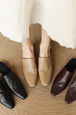 Super Soft Genuine Leather Open-Toe Half Slippers for Women - European & American Ins Fashion, Outdoor Comfort, Casual Style