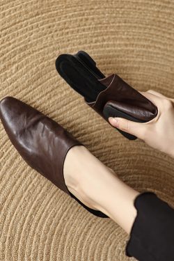 Super Soft Genuine Leather Open-Toe Half Slippers for Women - European & American Ins Fashion, Outdoor Comfort, Casual Style