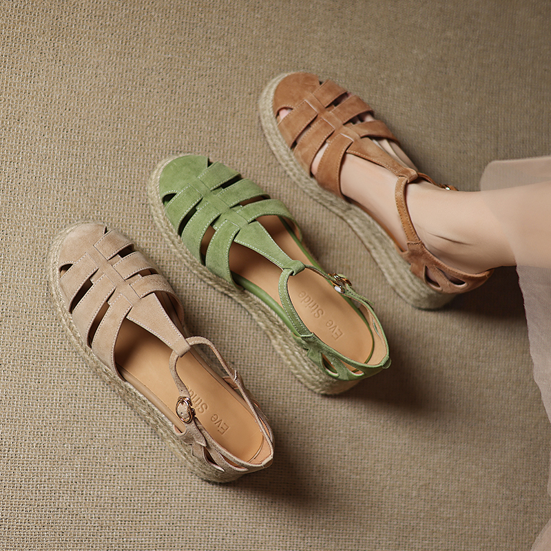 Sweet Academy Style Hollow Out Genuine Leather Platform Wedge Espadrille Sandals for Women - Casual Thick-Soled Y2K Fashion Sweet Academy Style Hollow Out Genuine Leather Platform Wedge Espadrille Sandals for Women - Casual Thick-Soled Y2K Fashion