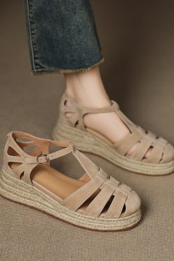 Sweet Academy Style Hollow Out Genuine Leather Platform Wedge Espadrille Sandals for Women - Casual Thick-Soled Y2K Fashion