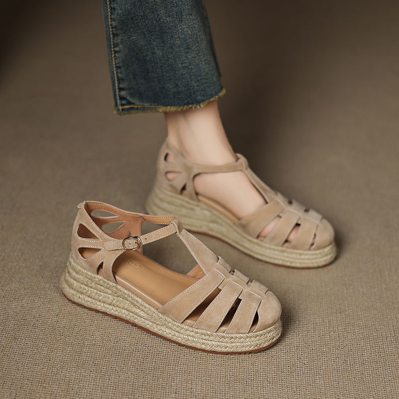 Sweet Academy Style Hollow Out Genuine Leather Platform Wedge Espadrille Sandals for Women - Casual Thick-Soled Y2K Fashion Sweet Academy Style Hollow Out Genuine Leather Platform Wedge Espadrille Sandals for Women - Casual Thick-Soled Y2K Fashion