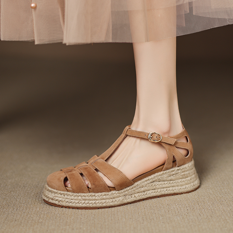 Sweet Academy Style Hollow Out Genuine Leather Platform Wedge Espadrille Sandals for Women - Casual Thick-Soled Y2K Fashion Sweet Academy Style Hollow Out Genuine Leather Platform Wedge Espadrille Sandals for Women - Casual Thick-Soled Y2K Fashion