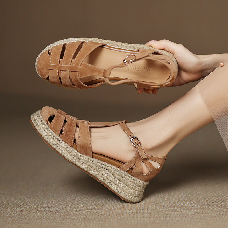 Sweet Academy Style Hollow Out Genuine Leather Platform Wedge Espadrille Sandals for Women - Casual Thick-Soled Y2K Fashion Sweet Academy Style Hollow Out Genuine Leather Platform Wedge Espadrille Sandals for Women - Casual Thick-Soled Y2K Fashion