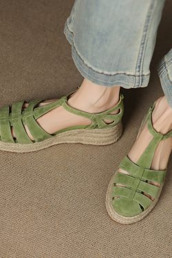 Sweet Academy Style Hollow Out Genuine Leather Platform Wedge Espadrille Sandals for Women - Casual Thick-Soled Y2K Fashion