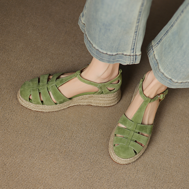 Sweet Academy Style Hollow Out Genuine Leather Platform Wedge Espadrille Sandals for Women - Casual Thick-Soled Y2K Fashion Sweet Academy Style Hollow Out Genuine Leather Platform Wedge Espadrille Sandals for Women - Casual Thick-Soled Y2K Fashion