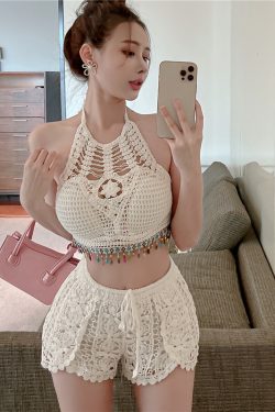 Sweet and Spicy Hollow-Out Camisole with Back Exposure and Tassel Neck, Short Version Knitted Shorts Two-Piece Set for Women