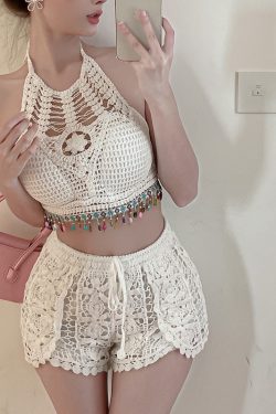 Sweet and Spicy Hollow-Out Camisole with Back Exposure and Tassel Neck, Short Version Knitted Shorts Two-Piece Set for Women