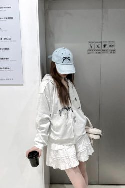 Sweet and Spicy Lace Bow Hoodie Short Jacket for Women - Loose American Style Casual Top, Trendy Y2K Fashion