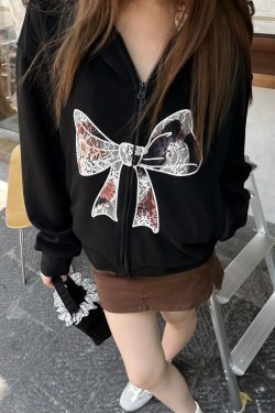 Sweet and Spicy Lace Bow Hoodie Short Jacket for Women - Loose American Style Casual Top, Trendy Y2K Fashion