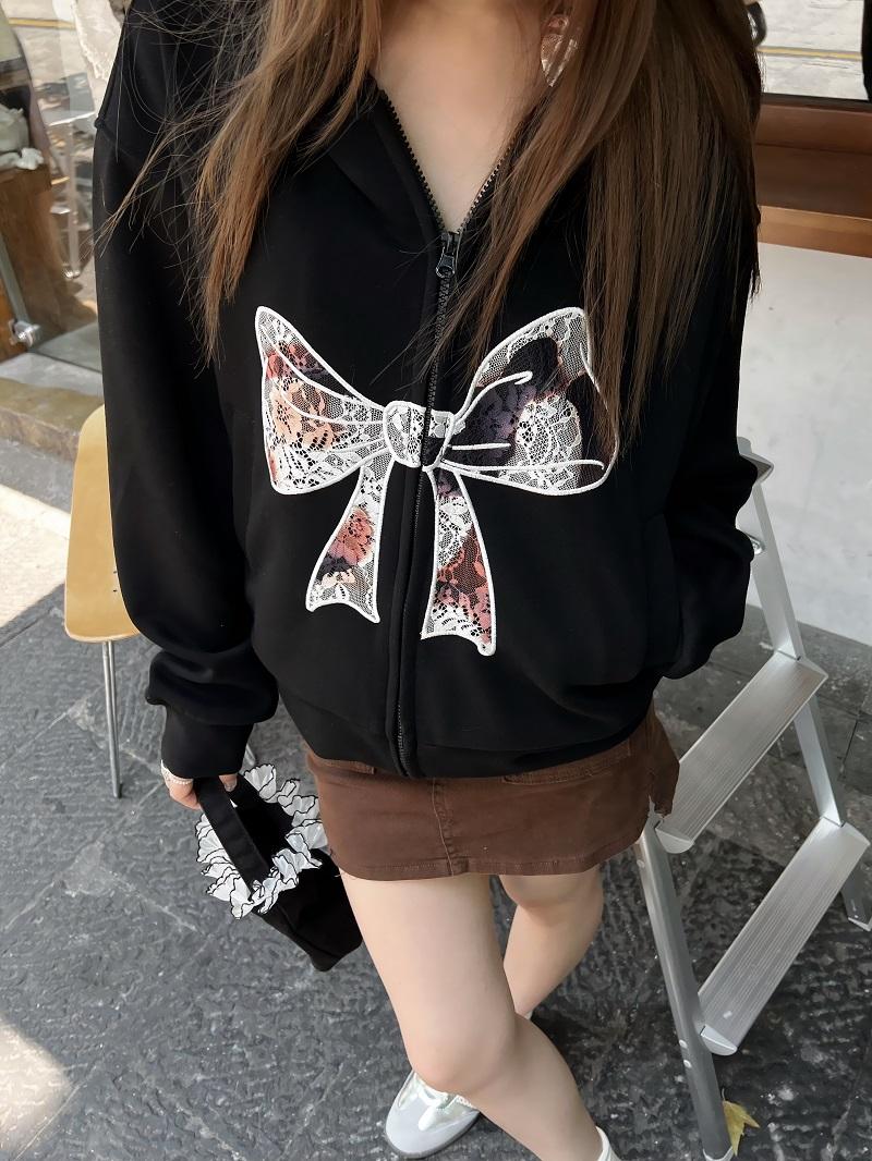 Sweet and Spicy Lace Bow Hoodie Short Jacket for Women - Loose American Style Casual Top, Trendy Y2K Fashion Sweet and Spicy Lace Bow Hoodie Short Jacket for Women - Loose American Style Casual Top, Trendy Y2K Fashion