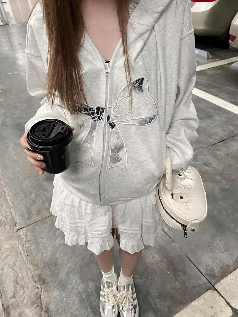 Sweet and Spicy Lace Bow Hoodie Short Jacket for Women - Loose American Style Casual Top, Trendy Y2K Fashion Sweet and Spicy Lace Bow Hoodie Short Jacket for Women - Loose American Style Casual Top, Trendy Y2K Fashion