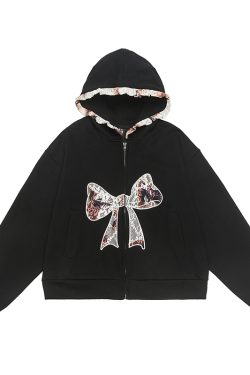 Sweet and Spicy Lace Bow Hoodie Short Jacket for Women - Loose American Style Casual Top, Trendy Y2K Fashion