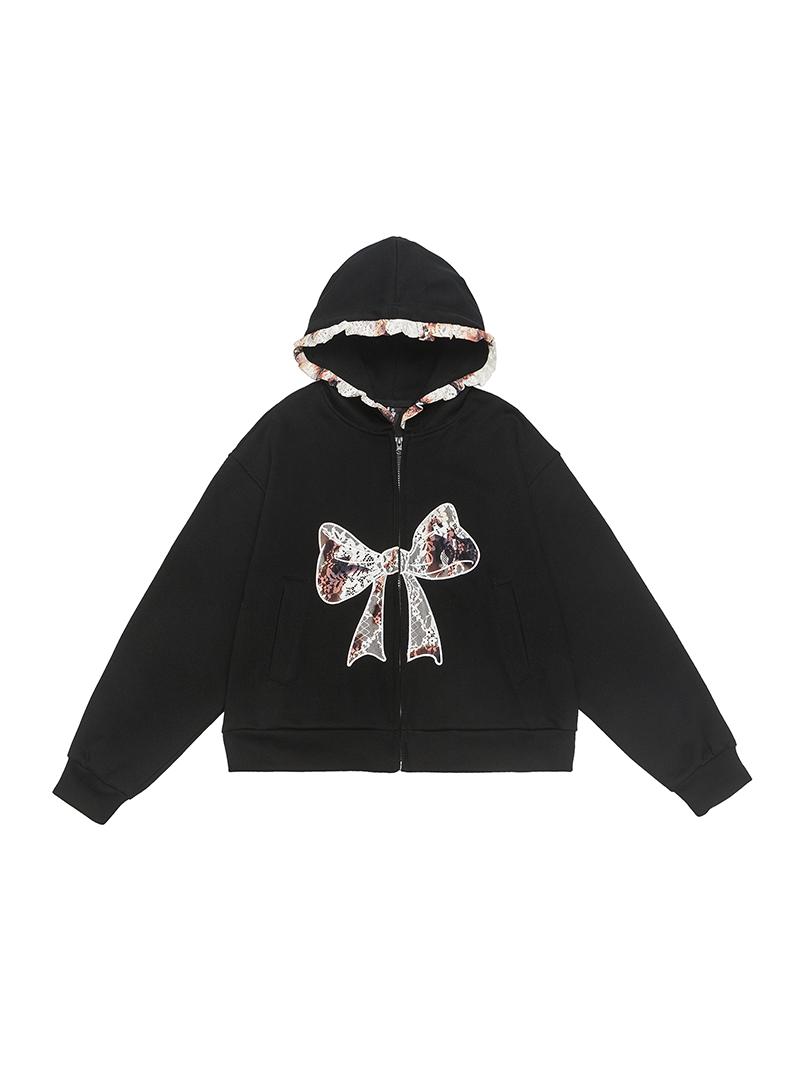 Sweet and Spicy Lace Bow Hoodie Short Jacket for Women - Loose American Style Casual Top, Trendy Y2K Fashion Sweet and Spicy Lace Bow Hoodie Short Jacket for Women - Loose American Style Casual Top, Trendy Y2K Fashion