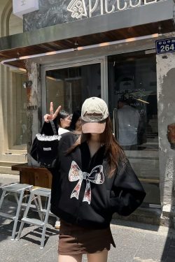 Sweet and Spicy Lace Bow Hoodie Short Jacket for Women - Loose American Style Casual Top, Trendy Y2K Fashion