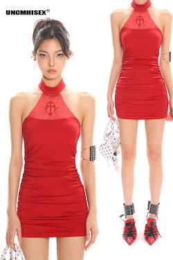 Sweet and Spicy Mesh Rhinestone Halter Backless Bodycon Dress in Chinese Style - Slim Fit Party Dress for a Bold Look