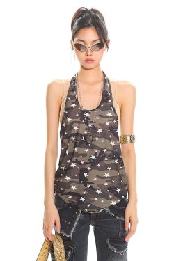 Sweet Cool Camouflage Halter Top for Women - Summer American Vintage Backless Sexy Tank Top - Y2K Casual Style