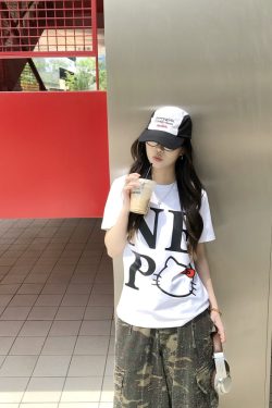 Sweet Cool Kitty Cartoon Print Short Sleeve T-Shirt for Women - Summer 2025 Slim Fit Casual Top, Cute Y2K Style