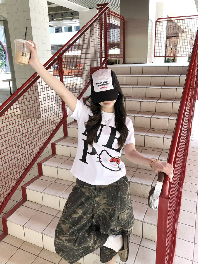 Sweet Cool Kitty Cartoon Print Short Sleeve T-Shirt for Women - Summer 2025 Slim Fit Casual Top, Cute Y2K Style Sweet Cool Kitty Cartoon Print Short Sleeve T-Shirt for Women - Summer 2025 Slim Fit Casual Top, Cute Y2K Style