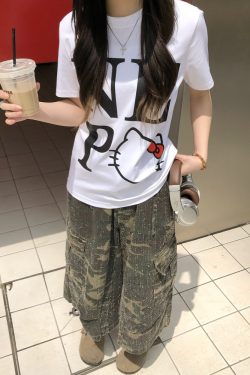 Sweet Cool Kitty Cartoon Print Short Sleeve T-Shirt for Women - Summer 2025 Slim Fit Casual Top, Cute Y2K Style