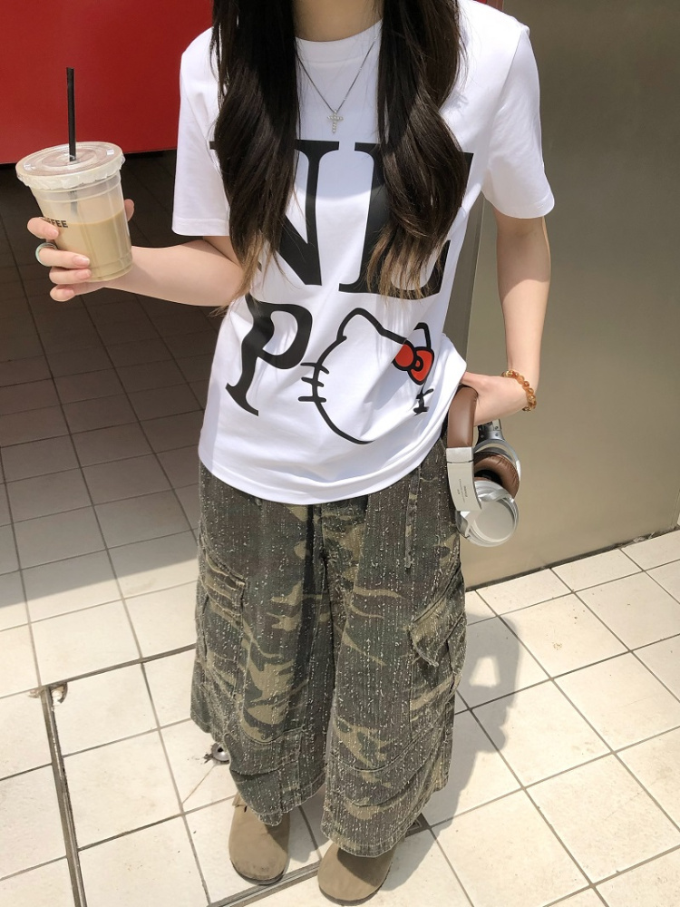 Sweet Cool Kitty Cartoon Print Short Sleeve T-Shirt for Women - Summer 2025 Slim Fit Casual Top, Cute Y2K Style Sweet Cool Kitty Cartoon Print Short Sleeve T-Shirt for Women - Summer 2025 Slim Fit Casual Top, Cute Y2K Style