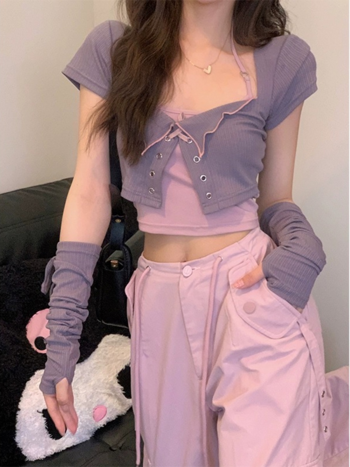 Sweet Cool Spicy Girl Halter Neck Short Sleeve Cardigan and Crop Top Two-Piece Set - Unique Korean Style Women's Fashion Sweet Cool Spicy Girl Halter Neck Short Sleeve Cardigan and Crop Top Two-Piece Set - Unique Korean Style Women's Fashion