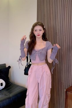 Sweet Cool Spicy Girl Halter Neck Short Sleeve Cardigan and Crop Top Two-Piece Set - Unique Korean Style Women's Fashion