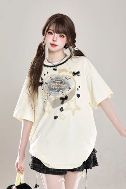 Sweet Floral Lace Print Short-Sleeve T-Shirt for Women, Slim Fit Summer 2025 Cute Half-Sleeve Top, Perfect for Y2K Style