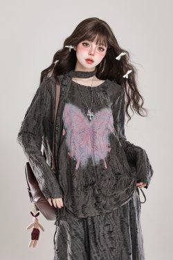 Sweet Girl Butterfly Embroidery Long Sleeve T-Shirt Sun Protection Cover-Up for Women - Spring Summer Loose Top for Lazy Style