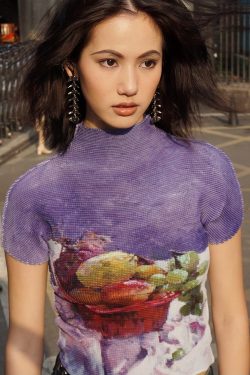 Sweet Grapes Pleated T-Shirt Top - Art Student Series Still Life Design, Pre-Exam Inspiration, Perfect for 90s and Y2K Styles