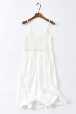 Sweet Hollow Knitted Camisole Dress - Summer Seaside Fairy Style with Waist-Cinching Design in White