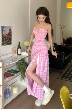 Sweet Pink Checkered Strapless Fitted Dress - High-End Feel, Niche Design, Hot Girl Style, Trendy 90s Inspired Fashion
